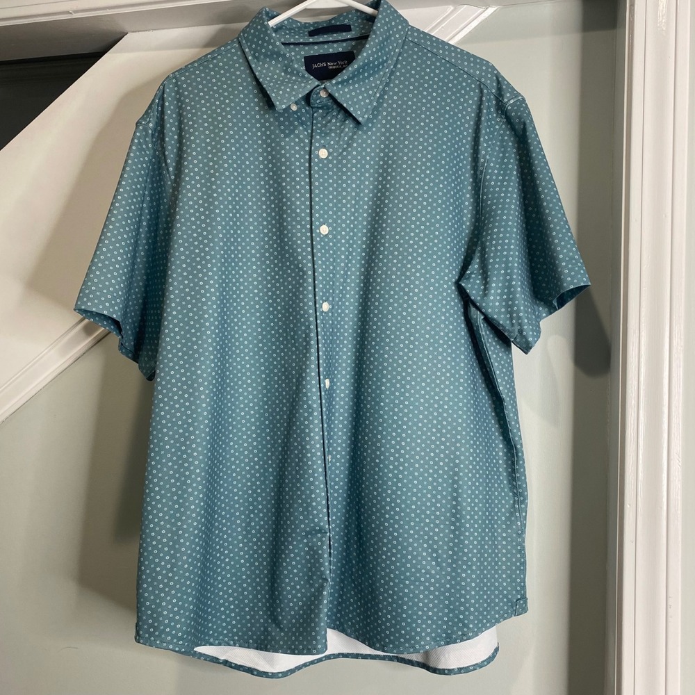 Jachs New York Size XL Green Micro Print Pullover Short Sleeve Button Polo Shirt